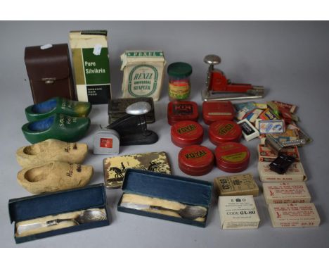 A Box of Sundries to Include Vintage Tins, Souvenir Clogs, Vintage Staplers and Staples, Travelling Brush Set etc 