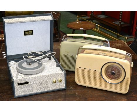 A Vintage Dansette Popular table top portable record player;  a bush VTR 103 radio, another TR 82C (3)