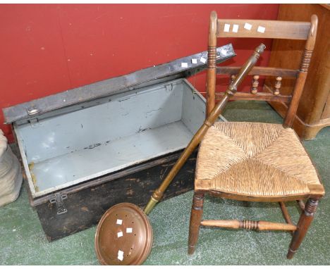 A vintage 1940/50's British Army iron trunk with Razak clip fastenings stamped with reg mark and A/1000 to interior of the li