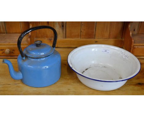 A vintage enamel kettle; an enamel bowl