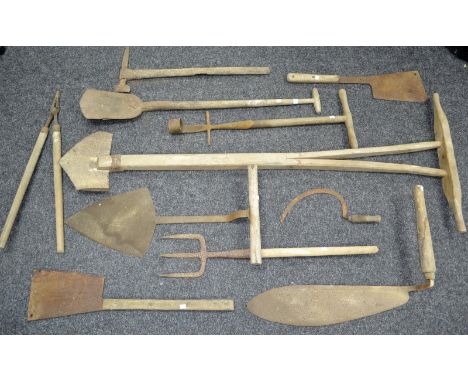 Vintage agricultural tools - hay knife; haystack cutting tool; peat cutting spades, one with bifurcating handle; cleavers; pi