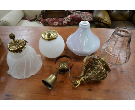 Brass light fittings and shades; a brass door bell