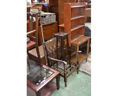 An oak two tier occasional table; a small four tier bookcase; a reproduction mahogany two tier coffee table with inlaid glass