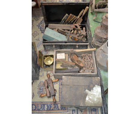 Hand tools including spoke shaves; spoke plane "turning mill"; hatchet; chisels; handsaws etc., small carpenter's chest.