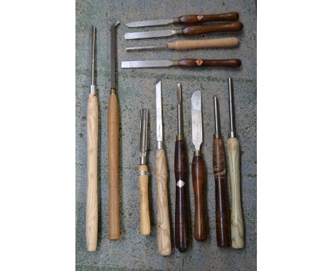 Tools - wood turning chisels, quantity; a cobblers last