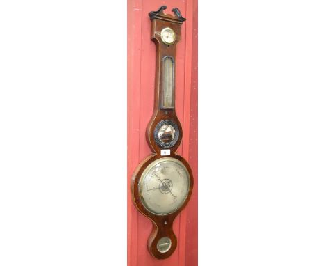 A George III mahogany banjo barometer, by William & Haydons of London, wavy broken pediment, silvered thermometer and registe