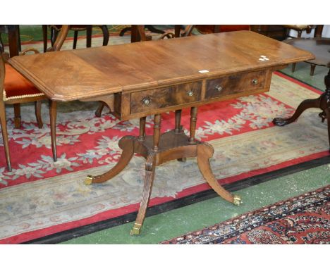 A reproduction George IV / William IV walnut sofa table, canted rectangular dropleaf top, chequered banding, two short drawer