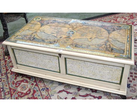 A vintage blanket box, three quarter hinged lid decorated Nova totius Terrarum Orbis geographica ac hydrographica tabula.