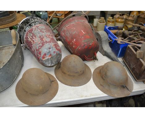 Three WWII Steel Helmets, Civilian pattern: Supplementary Fire Party with leather liner stamped MM41-7; vintage fire buckets;