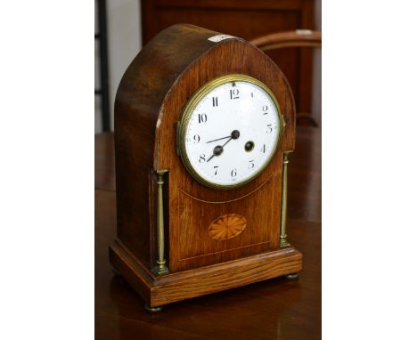 An inlaid mantel clock, the movement marked Societe Clusienne S.C.A.P.H cluses, enamelled dial, Arabic numerals, twin winding