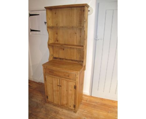 Pine dresser, compact in size,  in good aged pine with single drawer and two lower cupboard doors. 78 cm wide, 28 cm deep NOT