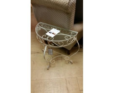 Demi lune, metal base, (missing its glass top) side table. Decorative scroll detail to base. Item measures approx: 67cm wide 