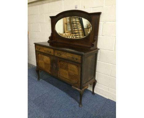 20thC chiffonier with crossband inlays to doors and drawers, original metal handles, bevelled mirror. Some knocks but general