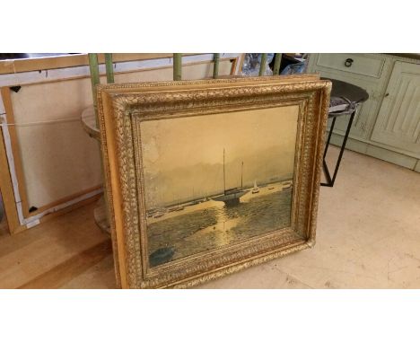 Substantial and handsome gilt frame with boating scene picture (print) 81 x 71 xm overall, aperture 60 x 50 cm 