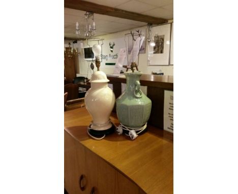 Pair of large vintage lamp bases, PAT tested 42 cm (green) and 43 cm high (cream) to top of ceramic parts