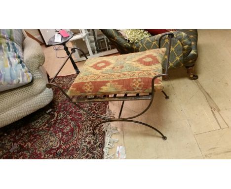 Gothic inspired metal framed stool with tapestry fabric cushion. Measures approx: 74cm wide, 40cm deep, 60cm high