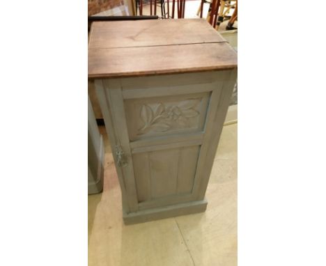 Edwardian pot cupboard. Hand painted and waxed in French Grey. Carved floral detail to door front which opens to reveal paint