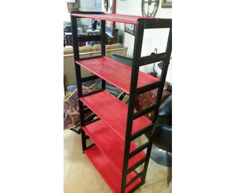 Wooden shelf unit, 5 shelves in black frame