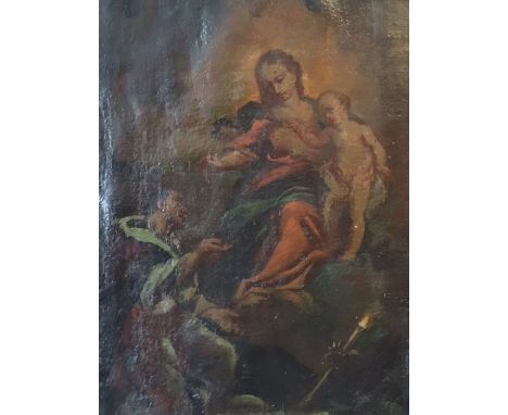 Italian School, 18th century, The Virgin and Infant Christ with Saint, oil on canvas, 46cm x 30cm, framed 60cm x 44cm.Conditi