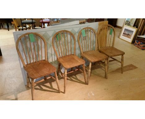 Collection of 4 blonde wood stick back dining chairs. 2 of slightly different design. Each chair measures approx: 37cm wide, 