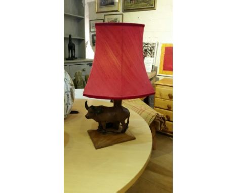 Wooden bull lamp base, with shade, PAT tested 