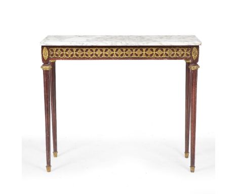 AN 18TH CENTURY STYLE FRENCH CONSOLE TABLE  with gilt metal mounts, the rectangular marble top over a floral frieze and stand