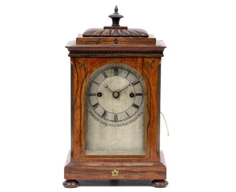 A WILLIAM IV ROSEWOOD MANTLE CLOCK by James Gowland, the rectangular architectural case with decorative brass inlay, the silv