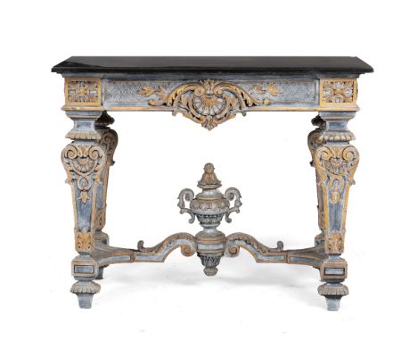 AN 18TH CENTURY STYLE PAINTED CONSOLE TABLE with black marble top, with shell carved frieze and carved tapering legs united b