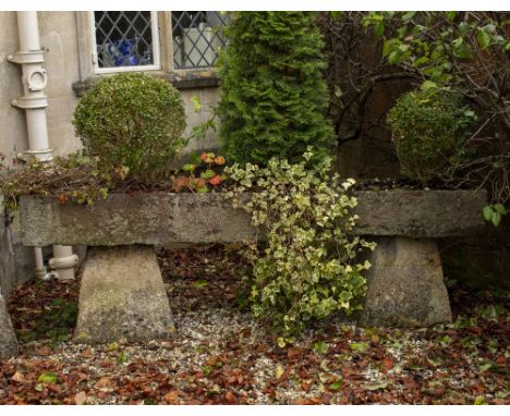 A LARGE RECTANGULAR ROUGH CUT STONE TROUGH 217cm wide x 44cm deep x 21cm high standing on stone supports