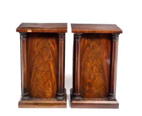 A PAIR OF WILLIAM IV MAHOGANY POT CUPBOARDS of architectural form with outset pilaster columns and standing on plinth bases, 