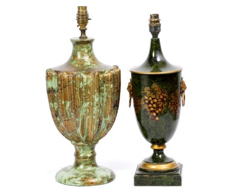 A GREEN AND PARCEL GILT PAINTED POTTERY TABLE LAMP of ribbed form with spreading circular base, 44cm high overall together wi