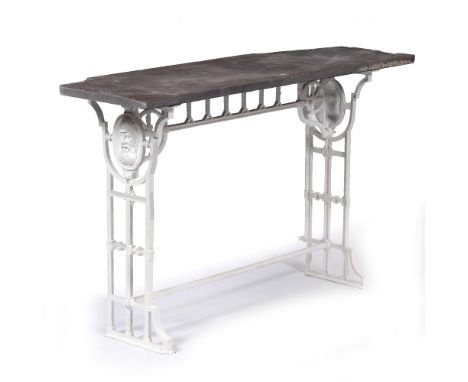 A VICTORIAN CAST IRON GARDEN TABLE of cricketing interest with rectangular slate top and white painted base, decorated to eit