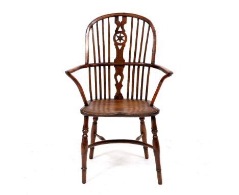 A PAIR OF LATE 19TH CENTURY YEW, ASH AND ELM WINDSOR CHAIRS the arching stick backs with central shaped pierced splat with st