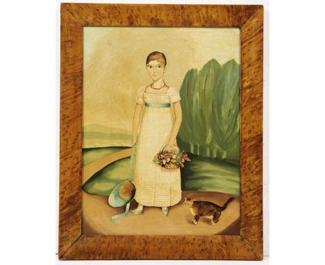 A 19TH CENTURY NAIVE PORTRAIT of a girl with a blue ribbon tied dress holding a basket of flowers and standing beside a cat, 
