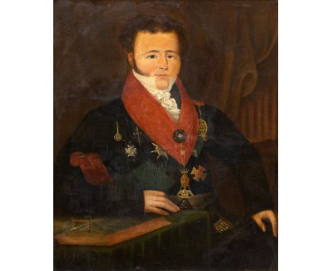 19TH CENTURY ENGLISH SCHOOL PORTRAIT OF A GENTLEMAN wearing Masonic regalia medals, sash etc., seated next to a table with an