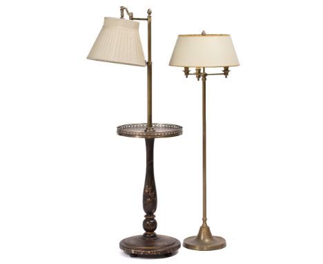 A FLOOR STANDING LAMP TABLE the lacquered circular base with galleried table top and with adjustable lamp above 35cm diameter