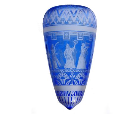 AN ANTIQUE ETCHED BLUE GLASS HANGING LAMP SHADE  with Egyptian revival decoration, with bands of processing musicians and lot