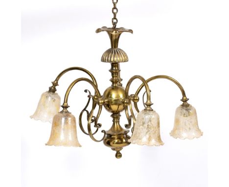 A BRASS HANGING CEILING LIGHT with five scrolling branches, etched glass shades, approximately 60cm diameter x 50cm high