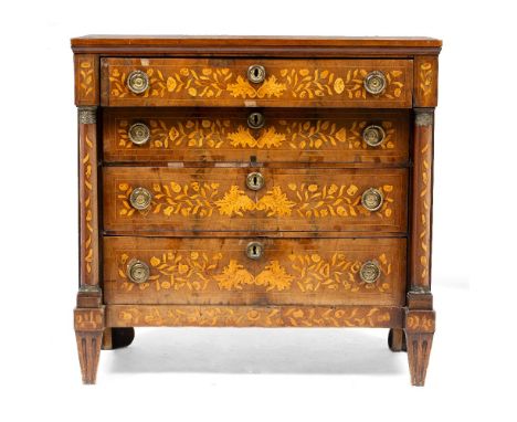 A 19TH CENTURY DUTCH MAHOGANY FLORAL MARQUETRY INLAID CHEST of four long drawers with brass ring handles and the drawers flan