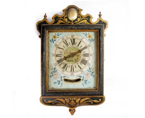 A 19TH CENTURY PAINTED AND PARCEL GILT MALTESE WALL CLOCK the shaped crest with turned finials and Maltese cross decorated bo