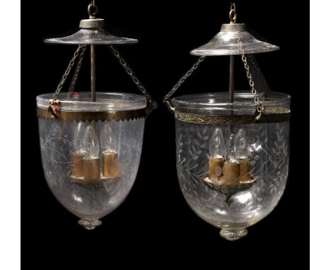 A 19TH CENTURY STYLE AUSTRIAN HANGING LIGHT FITTING in the form of an etched glass bowl with exotic bird head mounts to the r