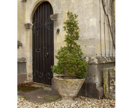 A RECONSTITUTED STONE OCTAGONAL GOTHIC REVIVAL STYLE TAPERING PLANTER  on a square plinth base, 53cm wide x 45cm high