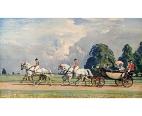 SIR ALFRED JAMES MUNNINGS (1878 - 1959) 'Their Majesties returning from Ascot', print, signed in pencil in the margin, 37.5cm