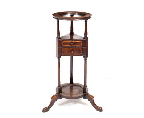 A RARE GEORGE III PADAUK WOOD WIG OR WASH STAND with circular ring over triform section centre set of two drawers with turned