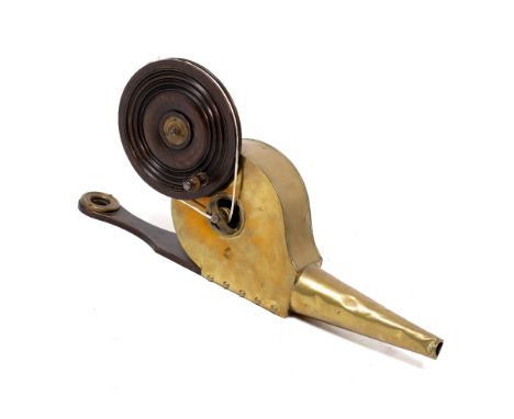 A SET OF EARLY 19TH CENTURY MAHOGANY AND BRASS MECHANICAL BELLOWS with ring turned handle, possibly Irish peat bellows, 57cm 