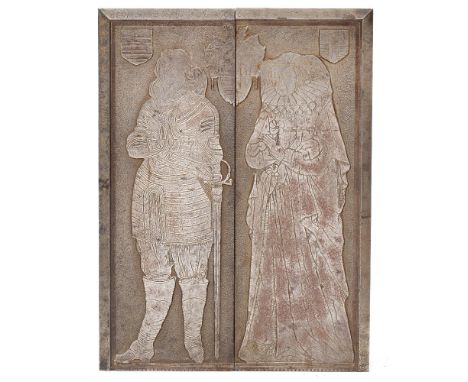 A PAIR OF ENGRAVED AND CHASED STEEL PLATES depicting copies of the grave colours of Sir Edward and Lady Filmer, who had nine 