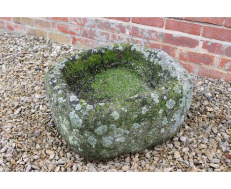A SMALL SQUARE SHAPED CARVED GRANITE TROUGH 55cm wide x 52cm deep x 31cm high