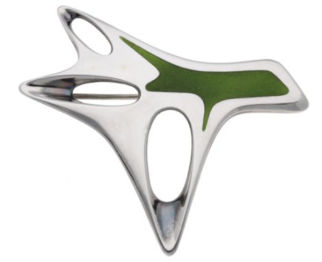 A silver and green enamel tree brooch, design No. 323, designed by Henning Koppel for Georg Jensen, post 1945, the stylised o