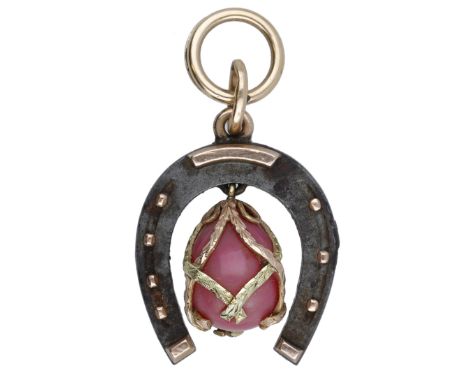 A Russian miniature gold mounted egg pendant, circa 1900, of horseshoe design, the horseshoe enclosing a rhodochrosite egg wi