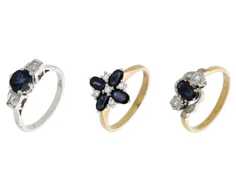 Three sapphire and diamond rings, comprising two sapphire and diamond three stone rings and a sapphire and diamond cluster ri